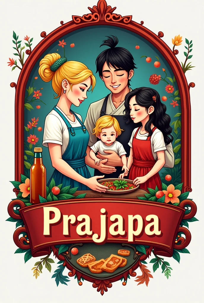 Create a logo with design references "One piece" for a restaurant with oriental characteristics, Italian Pastry Mass, Indian spices, Brazilian family, store name written "PraJapa" and a bottle of beer. Four characters: a blonde woman with her hair tied up cooking, a Japanese man with shoulder-length black hair holding a baby girl and a child with dark blonde wavy hair with highlights.