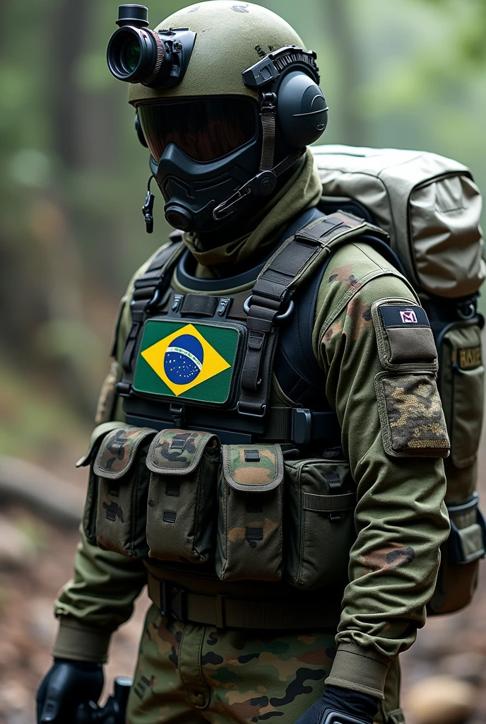 Create a soldier with a camouflage helmet with a thermal camera attached to the helmet, wearing a black and green camouflage vest with the Brazilian flag and a large white backpack on his back