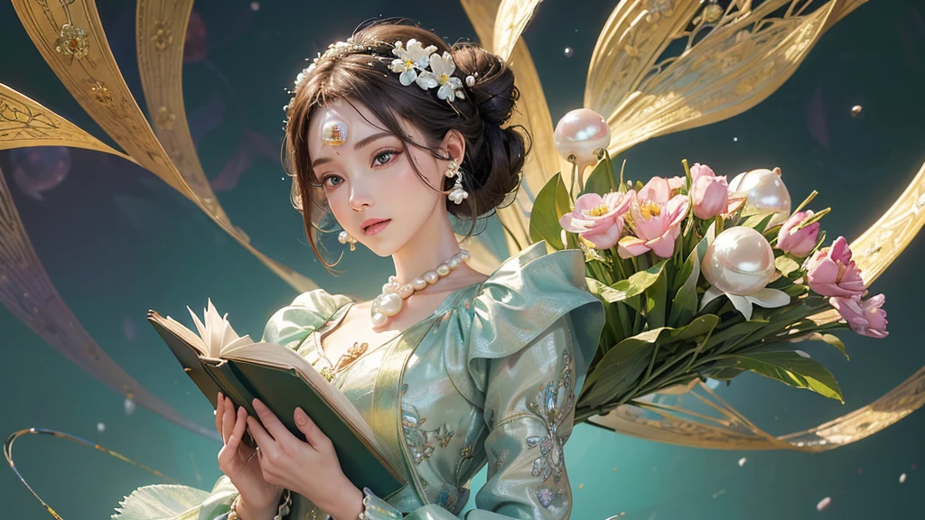 32K, 最高quality, 最高masterpiece, (ultra-Detailed Background, Detailed Background), High resolution, Super detailed, Very detailedな, 1 personの, (bouquet:1.3), (Tangled:1.2), (Geometric:1.2),(colorful),(masterpiece, quality, best quality, Official Art, Beautiful and beautiful:1.2), (1 person:1.3), Very detailed,(colorful:1.1)(Flowers:1.3),Most detailed,(Tangled:1.2), whole body, (Abstract background:1.3), (Skin glows), (Many colors:1.4), ,(Earrings Pearl:1.5), Light green background, It's imaginative., Brunette Hair, Updo, Holding a book, Holding a pen, Satin shirt
