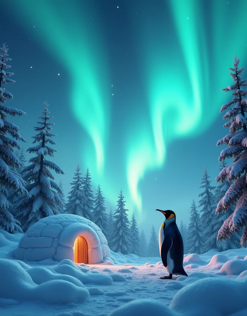 a beautiful glowing aurora, simple igloo, a penguin looking up at the aurora, night, a forest of frost-covered trees, (best quality,4k,8k,highres,masterpiece:1.2),ultra-detailed,(realistic,photorealistic,photo-realistic:1.37),stunning winter landscape, dramatic lighting, serene atmosphere, peaceful penguin, intricate details, soft glowing colors, magical aurora borealis, frozen wonderland, cinematic composition