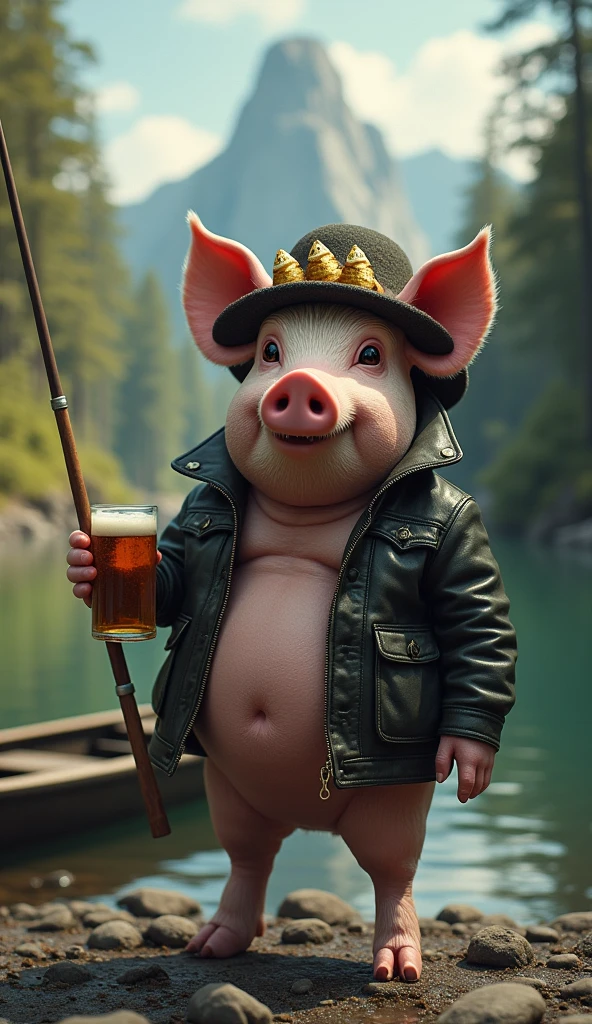 A pig, beautiful, amazing, impressive, pig, alone, open leather jacket, (Twilight Lycanroc) fisherman with his fishing rod, sitting on a chair near a river, holding a fishing rod, drinking a beer, wearing a bucket hat with 5 golden fish, boat nearby, surrounded by a forest and rocks, extremely detailed, funny and satirical surreal scene.