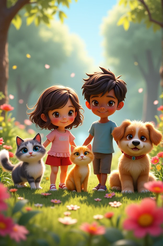 A white-skinned girl with short brown hair and a dark-haired boy with dark brown hair and a kitten with gray stripes and a yellow cat and a fluffy dog with brown spots and a white girl with brown hair