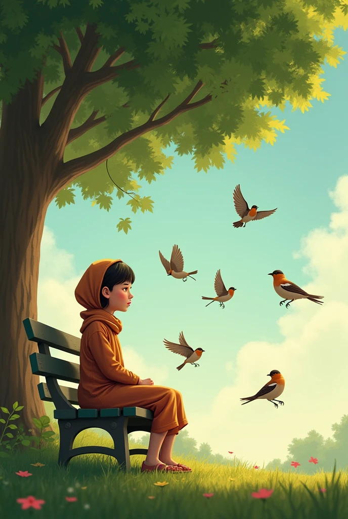 A girl sitting in the bench  and little sparrows around her with name of shumaila of green tree