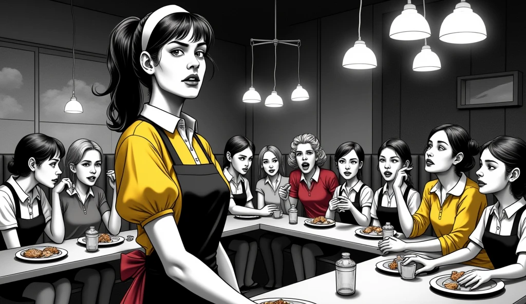 A distorted dramatic scene of a person working as a waitress in a diner, is exhausted, tired of working in this underemployment, customers sitting smiling and having fun, calling the attendant, the whole scene is black and white and the attendant is wearing colorful yellow and red clothes.