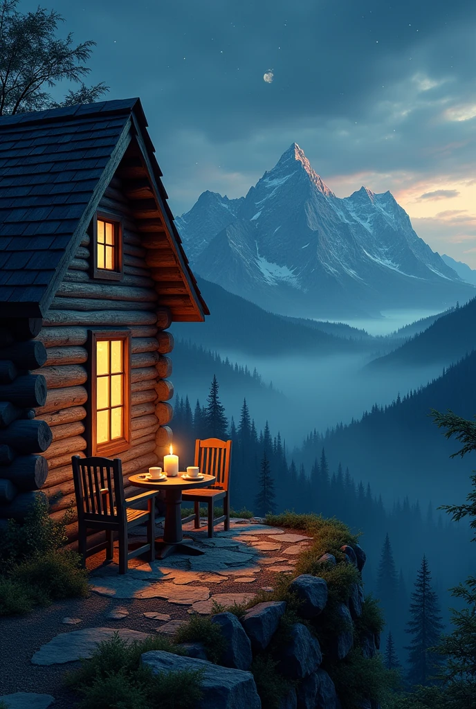 Cabin on top of a mountain with a table and chairs with cups of coffee and the forest in the background on a beautiful night, without people. With a close-up where only half of the cabin can be seen. realistic image