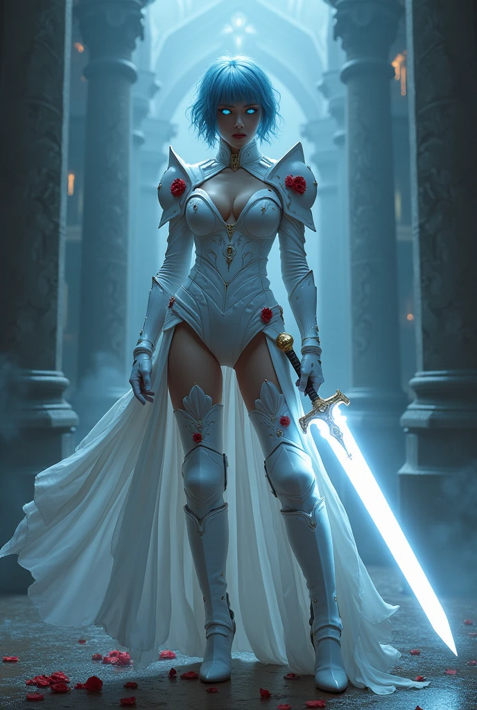 Arafed, action shot, Dark fantasy art, fantasy art, goth art, exquisite beauty, full body shot, dark glamour shot, white skin, blue hair, short hair, wavy hair, dynamic eyes color eyes, (glowing eyes: 1.3), busty, she wears a ((white: 1.3)) white suit of armored dress, cleavage, she holds a (glowing sword: 1.4) in hand, (ready for battle: 1.4) , (red roses: 1.3) are imprinted on the suit, high heeled boots, sense of dread, sense of dredd, fantasy dark castle background, vibrant, Ultra-high resolution, High Contrast, (masterpiece:1.5), highest quality, Best aesthetics), best details, best quality, highres, 16k, (ultra detailed: 1.5), masterpiece, best quality, (extremely detailed) RAW, (ultra details, Masterpiece, best quality), Hyperrealism style, big breasts
