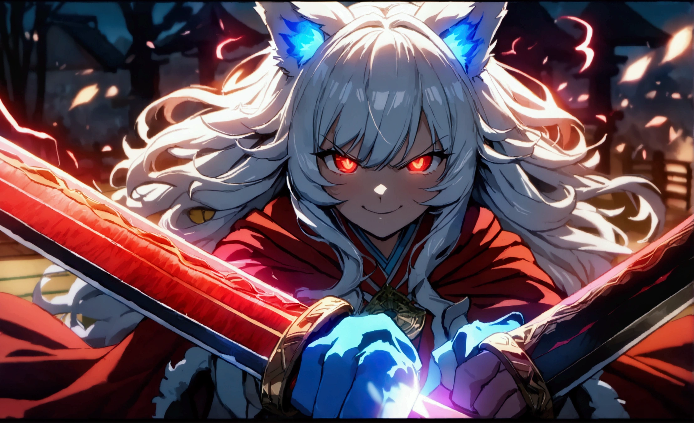 fox Light blue hair 　beast girl　indigo fur　fox beast girl　fox Light blue hair 　beast girl　indigo fur　fox beast girl　Wallpaper 4k,8k,highly detailled,,vivid colors,detailed kitsune with 9 tails,traditional Japanese artwork,tatami floor,beautiful cherry blossoms,floating lanterns,dark silhouette of a pagoda,subtle moonlight,dense forest,ethereal atmosphere,dappled sunlight,whimsical spirit,serene expression,elaborate kimono and obi,delicate hand-painted details,luminous eyes　Anime Style　fox　blue　White-faced golden-haired nine-tailed fox　Coat blue　(Cat's ears:1.3),(Sky Eyes 1.3),(Face Focus:1.3), (angry, Smile:1.3),(Gentle face:1.3),(long white hair:1.3), hair messy, Red Eyes,red eyes,Red Eyes(Eyes are red:1.3), (perfectly detailed eyes:1.3),Dynamic Angle,Black kimono,Black Hakama,Her skin is white,Red lightning,Red thunder, Swirling rainbows and lights on complex background、It enveloped me like a serpent in an interstellar wind,(Dual-wielding combat pose:1.3),(The red glowing samurai sword:1.3),(A sword shining in red lightning:1.3),She has a samurai sword,dual-wielding,Unleash the Blade of Light,Highest Quality, (Red cloak with war maiden decoration:1.3),Raise the railgun, ((sanpaku))((Proud)), (Blue glowing thunder sword:1.3),(Fiery Red Sword:1.3),Blade of Light,Lens Flare, Big rainbow,The moon shines,Star chips, bloom, ((light glow)), chromatic abberation], Digital Painting, Insane details, Intricate details, Beautifully color graded, Unreal Engine, Cinematic , colour grading, Editorial Photography , Photography, Photo Shot, Canon 5D Camera Photography,Shot on 70mm lens, Depth of subject, ultra sharpness, nffsw, octane, Unreal, Dramatic light, Global Illumination,Motion Picture Film,rainbow,lensflare,(Moonlight Art:1.3:1.3),(Sengoku:1.3),(Agfacolor:1.3),(close portrait:1.3),　　mysterious background　Blue Flame　girl　have a ball of light Anime Style　fox　blue　White-faced golden-haired nine-tailed fox　Coat blue　　　mysterious background　Blue Flame　girl　have a ball of light