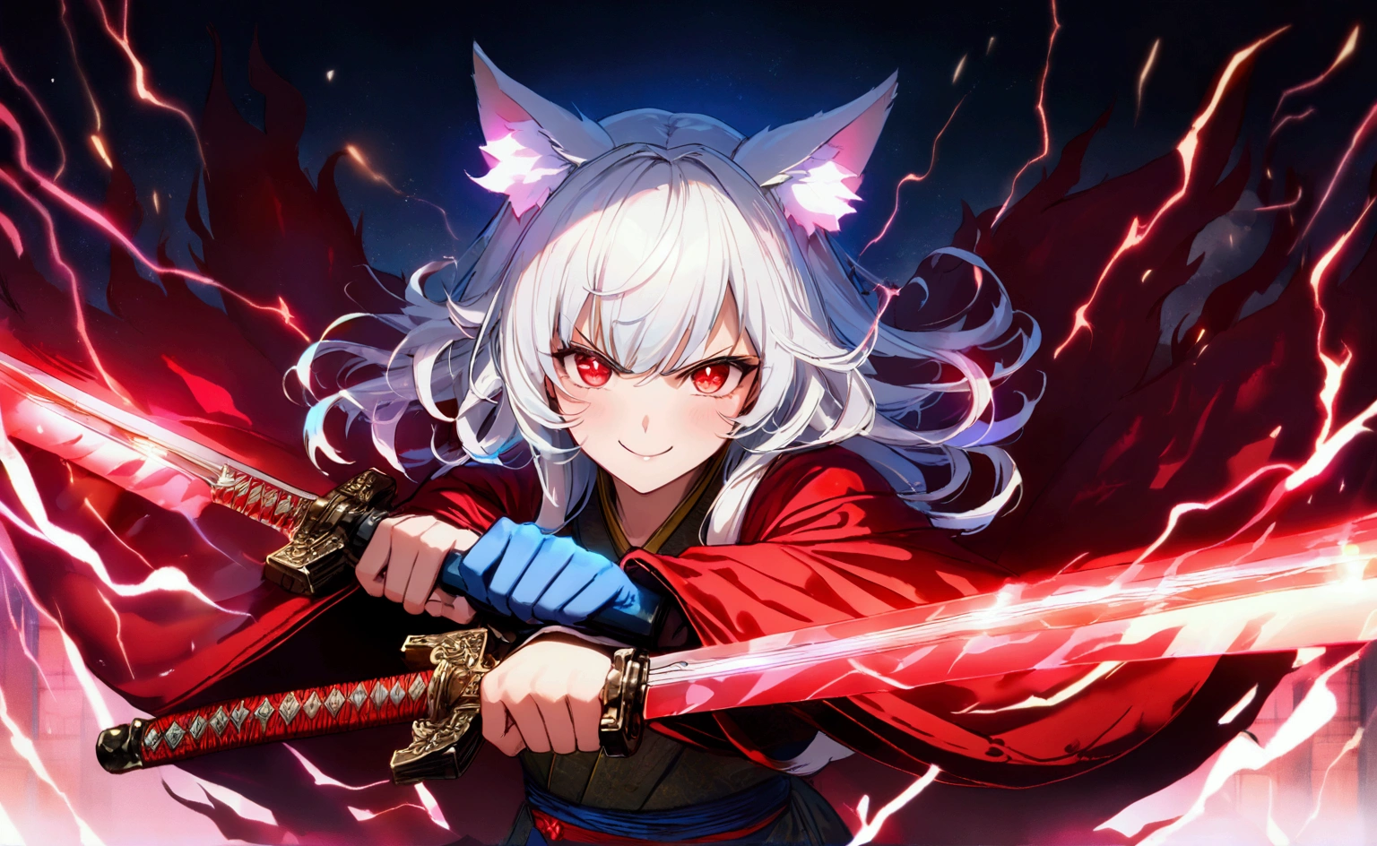 fox Light blue hair 　beast girl　indigo fur　fox beast girl　fox Light blue hair 　beast girl　indigo fur　fox beast girl　Wallpaper 4k,8k,highly detailled,,vivid colors,detailed kitsune with 9 tails,traditional Japanese artwork,tatami floor,beautiful cherry blossoms,floating lanterns,dark silhouette of a pagoda,subtle moonlight,dense forest,ethereal atmosphere,dappled sunlight,whimsical spirit,serene expression,elaborate kimono and obi,delicate hand-painted details,luminous eyes　Anime Style　fox　blue　White-faced golden-haired nine-tailed fox　Coat blue　(Cat's ears:1.3),(Sky Eyes 1.3),(Face Focus:1.3), (angry, Smile:1.3),(Gentle face:1.3),(long white hair:1.3), hair messy, Red Eyes,red eyes,Red Eyes(Eyes are red:1.3), (perfectly detailed eyes:1.3),Dynamic Angle,Black kimono,Black Hakama,Her skin is white,Red lightning,Red thunder, Swirling rainbows and lights on complex background、It enveloped me like a serpent in an interstellar wind,(Dual-wielding combat pose:1.3),(The red glowing samurai sword:1.3),(A sword shining in red lightning:1.3),She has a samurai sword,dual-wielding,Unleash the Blade of Light,Highest Quality, (Red cloak with war maiden decoration:1.3),Raise the railgun, ((sanpaku))((Proud)), (Blue glowing thunder sword:1.3),(Fiery Red Sword:1.3),Blade of Light,Lens Flare, Big rainbow,The moon shines,Star chips, bloom, ((light glow)), chromatic abberation], Digital Painting, Insane details, Intricate details, Beautifully color graded, Unreal Engine, Cinematic , colour grading, Editorial Photography , Photography, Photo Shot, Canon 5D Camera Photography,Shot on 70mm lens, Depth of subject, ultra sharpness, nffsw, octane, Unreal, Dramatic light, Global Illumination,Motion Picture Film,rainbow,lensflare,(Moonlight Art:1.3:1.3),(Sengoku:1.3),(Agfacolor:1.3),(close portrait:1.3),　　mysterious background　Blue Flame　girl　have a ball of light Anime Style　fox　blue　White-faced golden-haired nine-tailed fox　Coat blue　　　mysterious background　Blue Flame　girl　have a ball of light