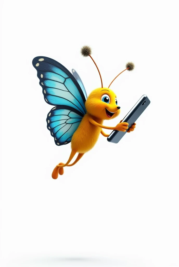 Show me a picture of a very cute butterfly flying, its body is yellow, its wings are blue and white, it is happy and is holding a cell phone, The image background must be white 