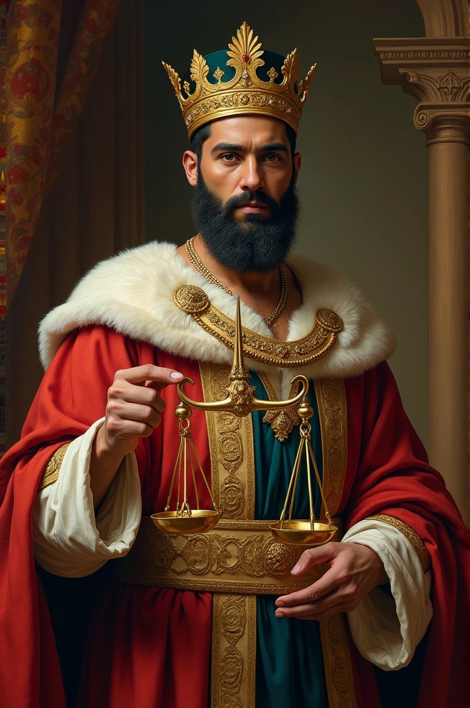 A regal portrait of King Ali, with a wise and compassionate expression, wearing a crown and holding a scales of justice.