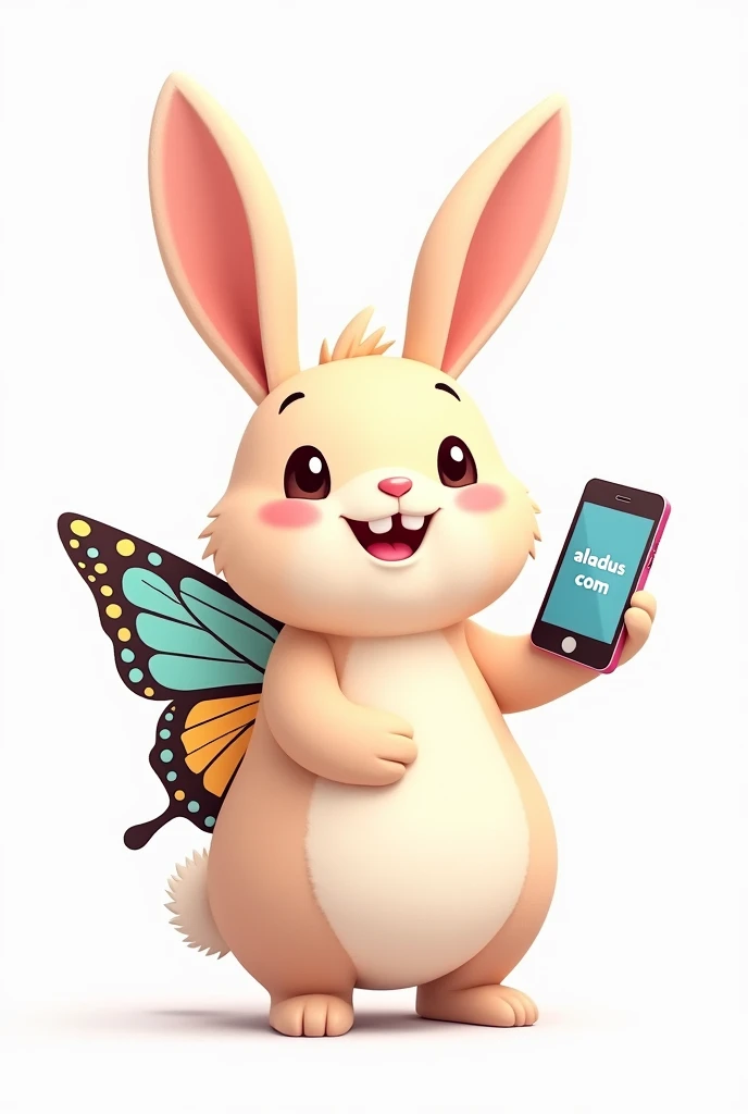 Bunny with smiling face and colorful butterfly wings, holding a cell phone with writing "aladus "in hand. com fundo branco