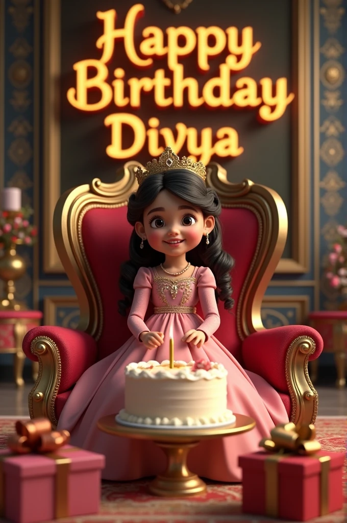 create realistic illusion image of A  girl is sitting on a king chair and she is cutting the birthday cake, there are many gifts kept next to it and Happy Birthday Divya, 3d text is written on the back wall