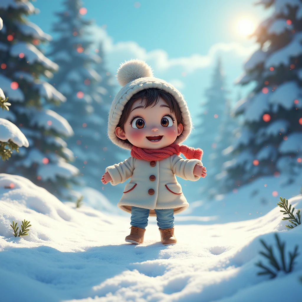(Snow Scenery), Children's book illustration style, natural light, bright colors, cartoon character design, detailed background, high resolution. Beautiful cinematic lighting, surreal, color graded, dynamic movement, captivating chiaroscuro, (special effects:0.1), full body, award-winning, cinematic still, emotional, vignette, dynamic, vivid, (masterpiece, best quality, photorealistic, Professional, perfect composition, very aesthetic, absurdres, ultra-detailed, intricate details:1.3)