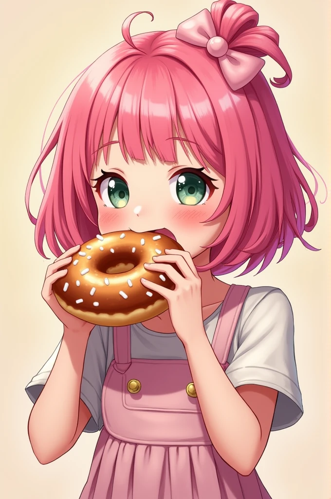 Pink hair girl,cute, bright Eyes, biting donut