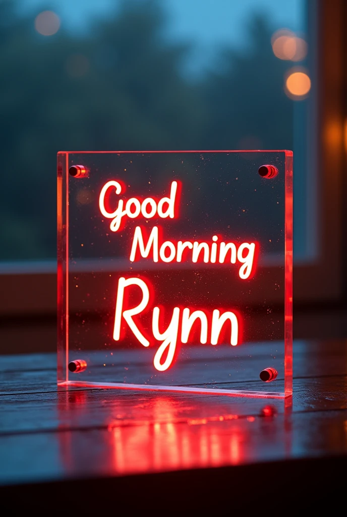 Name plate couple Malay acrylic with neon lamp, at acrylic have name "GOOD MORNING RYNN" square shape rain background