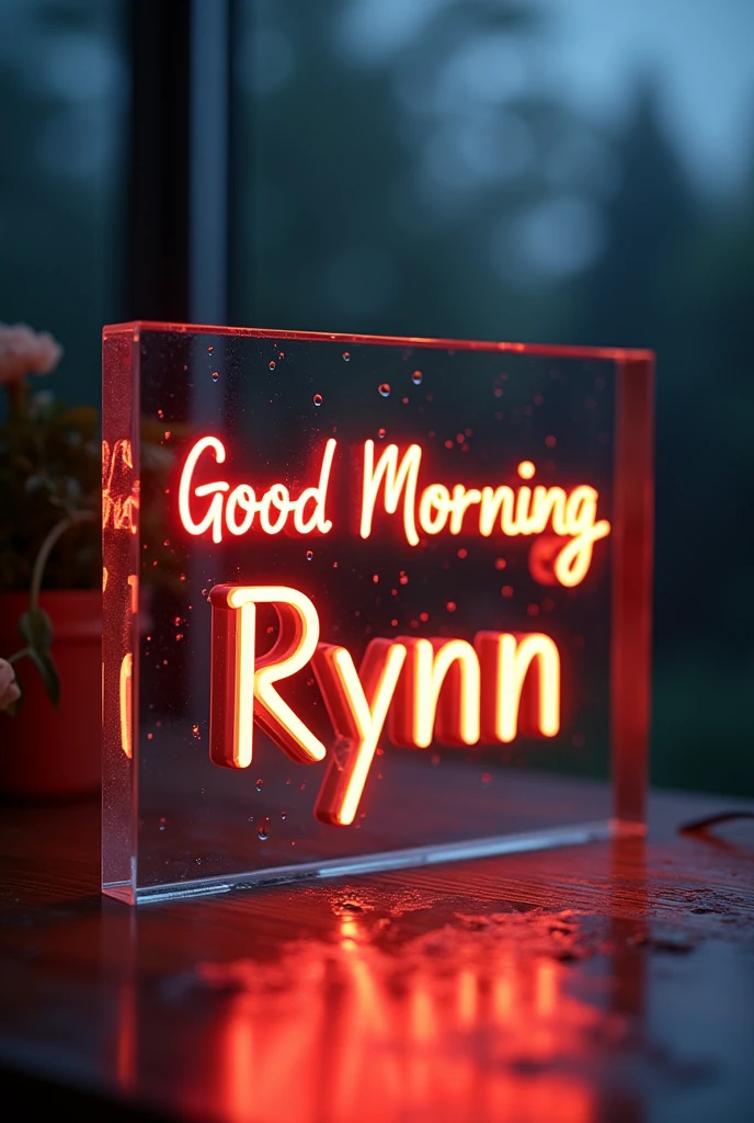 Name plate couple Malay acrylic with neon lamp, at acrylic have name "GOOD MORNING RYNN" square shape rain background