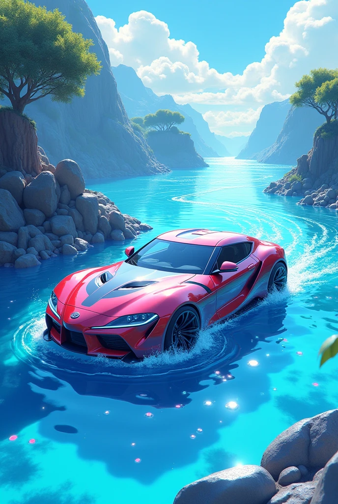 A car with anime in the water foll
In road with blue teri 