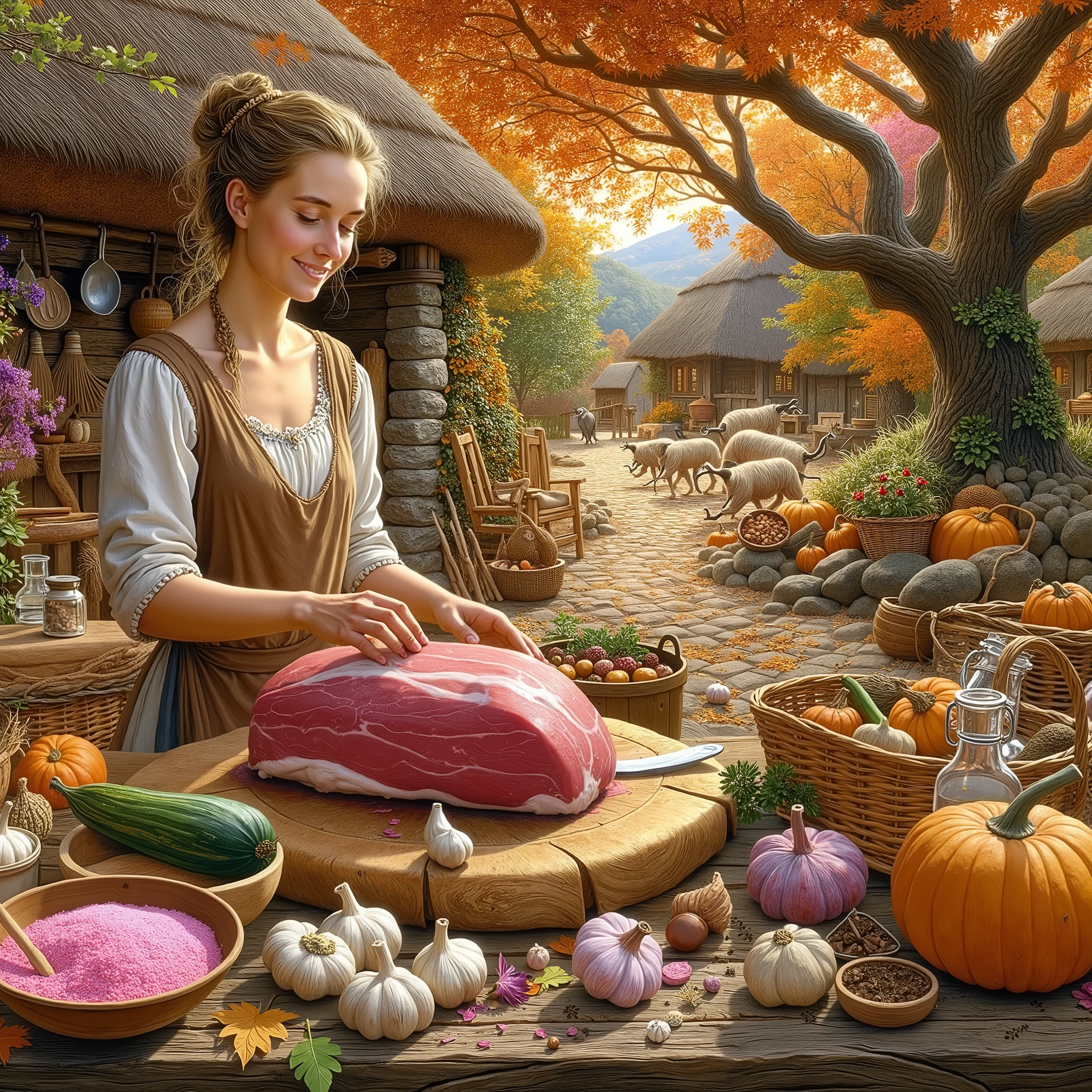 beautiful Ancient Neolithic European female farmer with a content expression is marinating a loaf beef to be grilled at her beautiful mesmerizing Neolithic Kitchen with wooden and stone kitchen clutters, garlic, pink salt and spices and other vegetable ingredients, oil on canvas, insanely detailed and intricate, masterpiece realism painting with an autumn scene, colorful leaves, and including some pumpkins and gourds near the lush long aubergine tree