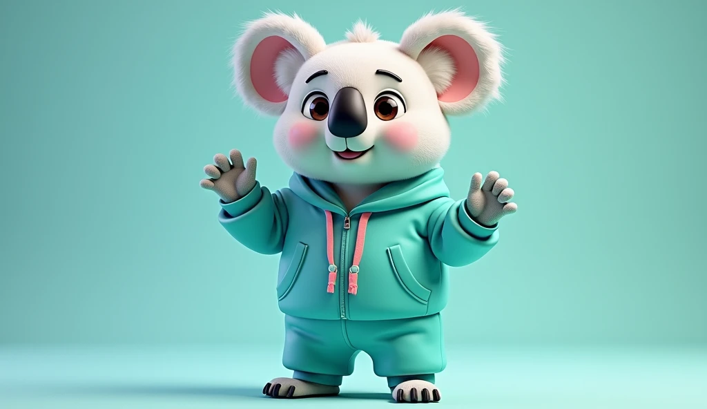Make the koala mascot leaning with its back on the right corner and one hand on its waist, looking at the center of the scene.