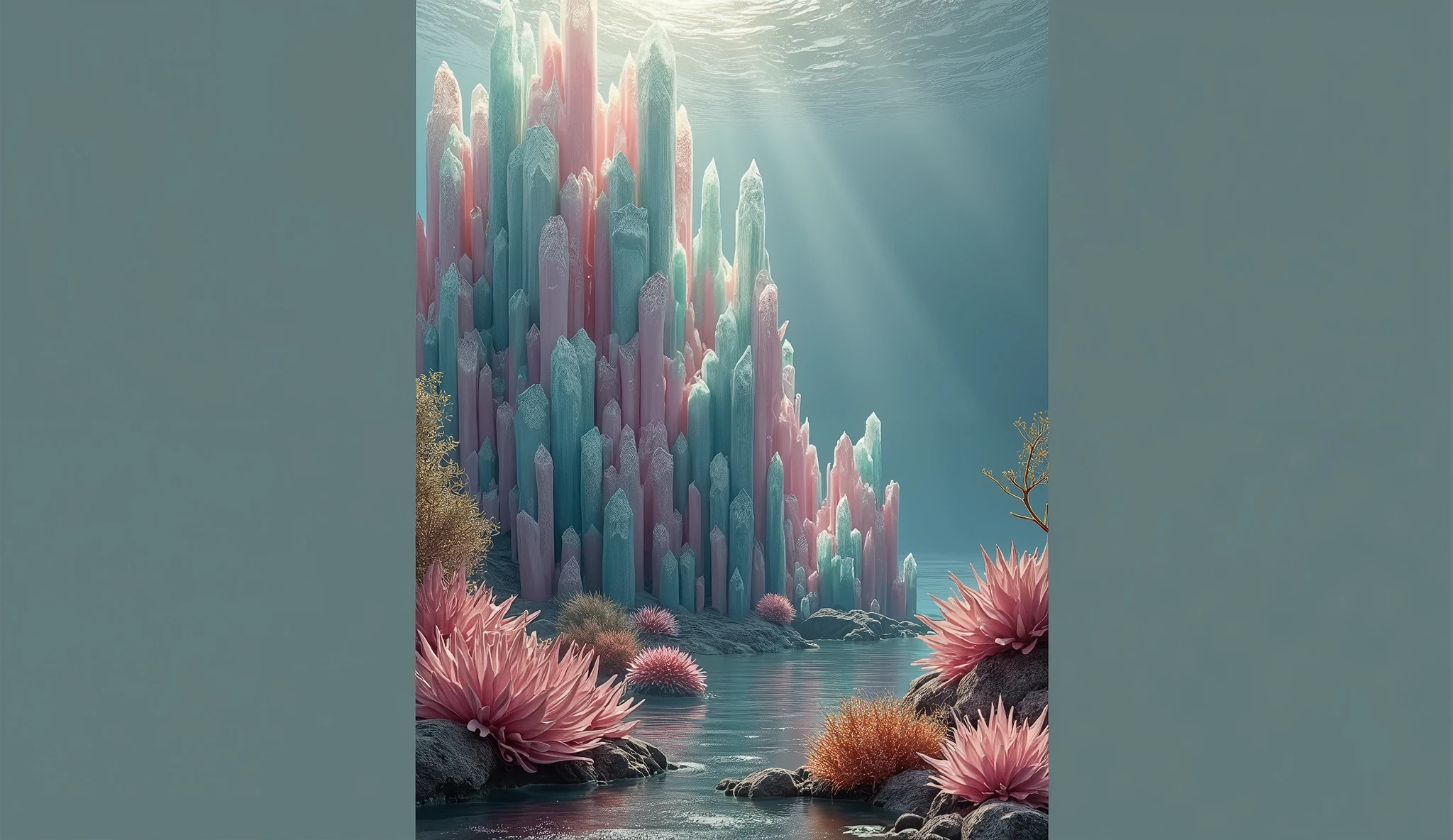 A photo of an underwater mountain range made of blue and pink crystals，In the lower right corner is a small coral reef with plants and rocks，Blue Background，Surreal，Movie Grade，Epic，Stereo lighting，Octane Rendering