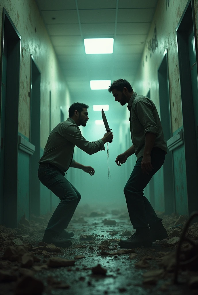Abandoned hospital, man attacks zombie that is in front of him, the man uses a knife, he manages to kill the zombie!