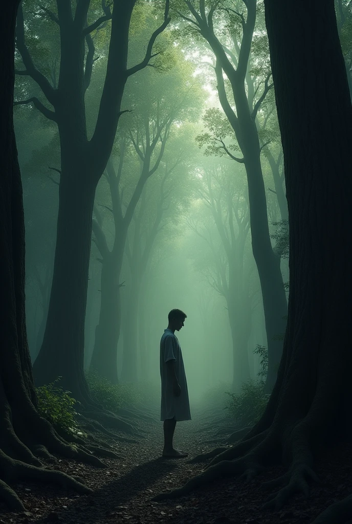 Create an image that reflects loneliness, isolation in a forest