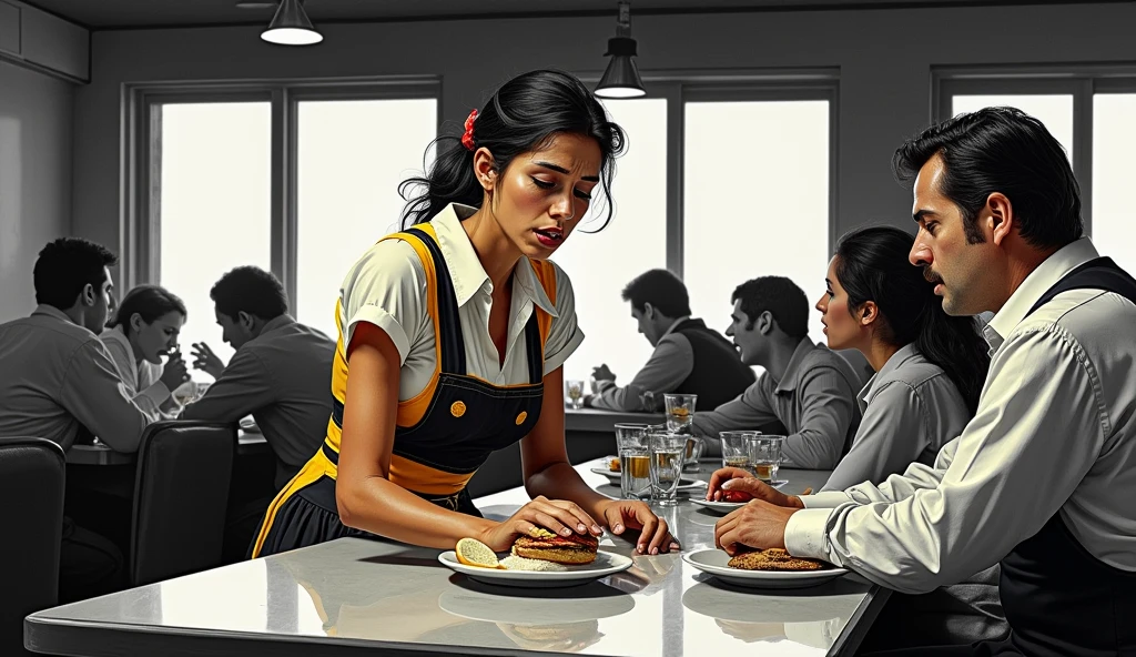 A distorted dramatic scene of a person working as a waitress in a diner, is exhausted, tired of working in this underemployment, customers sitting smiling and having fun, calling the attendant, the whole scene is black and white and the attendant is wearing colorful yellow and red clothes.

