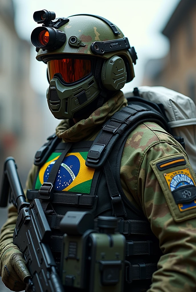 Create a soldier with a camouflaged helmet and a thermal camera attached to the helmet, wearing a black and green camouflage vest with the Brazilian flag and a large white backpack on his back
