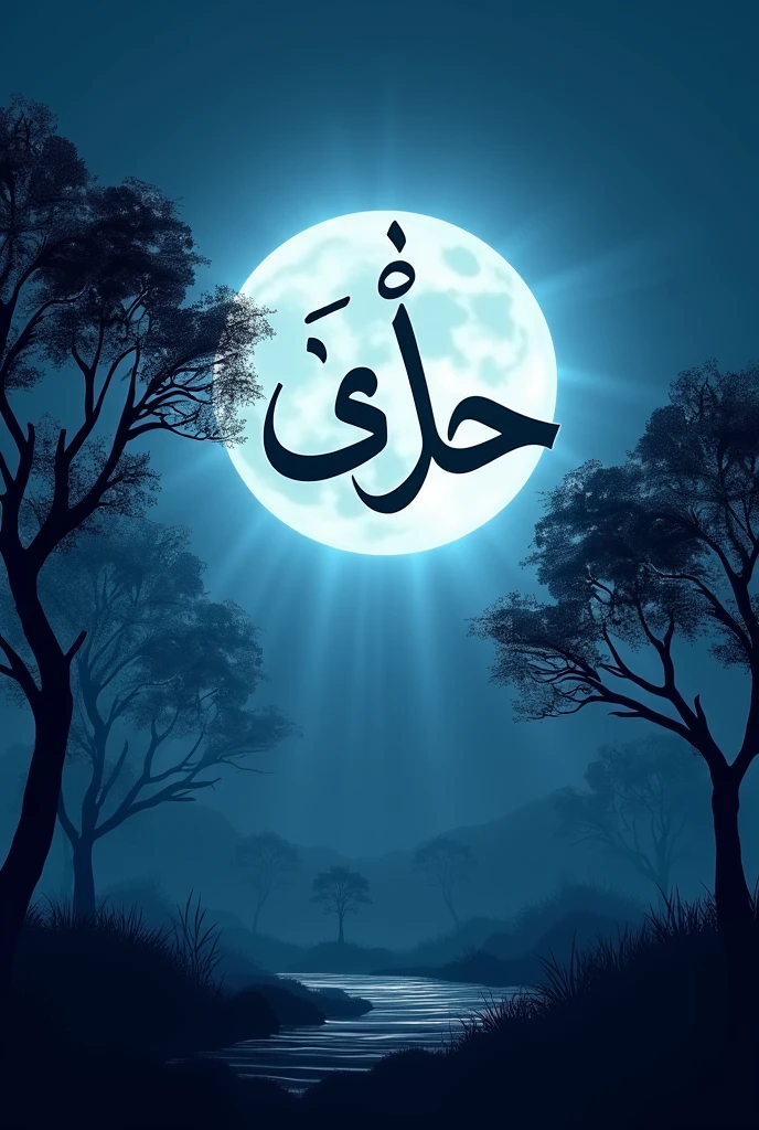 A stylish font for word "AL SHAMS" in English as like in blue moonlight background with some rays of rising sun and some trees of chanar in background