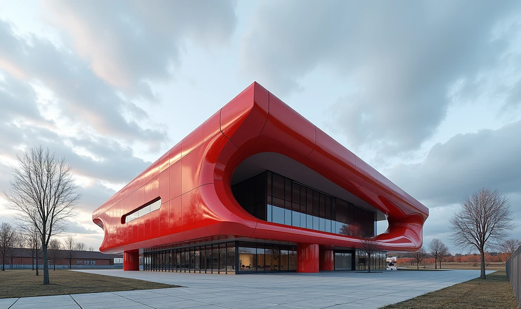 a futuristic red office building in a small town, cloudy sky, highly detailed, photorealistic, 8k, hyperrealistic, architectural visualization, intricate design, futuristic architecture, modern minimalist, clean lines, large windows, glass facade, sleek and sharp, advanced technology, future city, urban landscape, cityscape, stunning composition, dramatic lighting