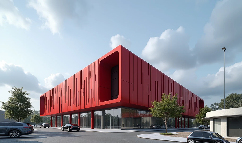 a futuristic red office building in a small town, cloudy sky, highly detailed, photorealistic, 8k, hyperrealistic, architectural visualization, intricate design, futuristic architecture, modern minimalist, clean lines, large windows, glass facade, sleek and sharp, advanced technology, future city, urban landscape, cityscape, stunning composition, dramatic lighting