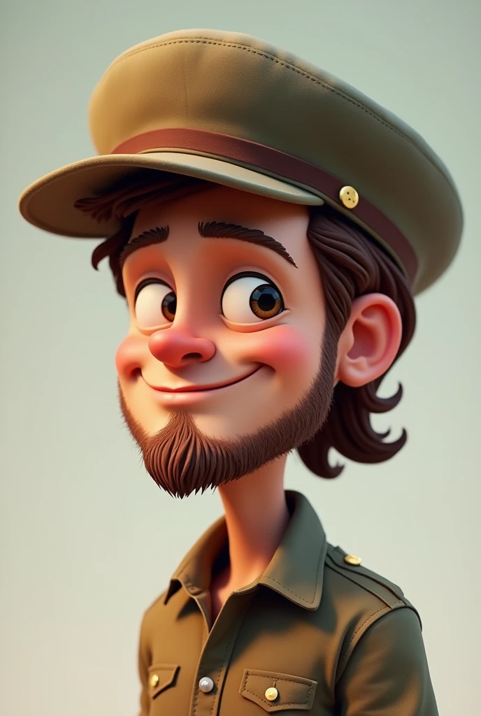 portrait of brad pitt, suite, medium shot, digital model, in playful character design style, hard surface modeling, tiago hoisel, with northeastern hat, round face, beard around mouth, slightly smiling, looking sideways, cartoon characters, delicate materials, bright colors