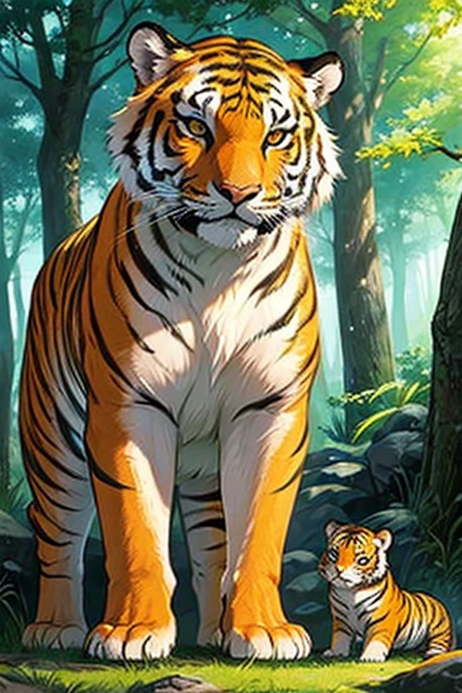 Ultra HD、masterpiece、beautiful、Tiger、Parent and Child, line up next to, cute、cool、mystery、Natural Forest, 