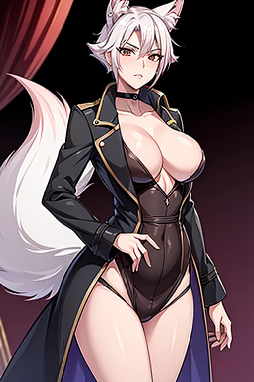 Fox-tailed zorro waifu, milf, pirate trench coat , HD, white hair with pink, bust, (eechi)