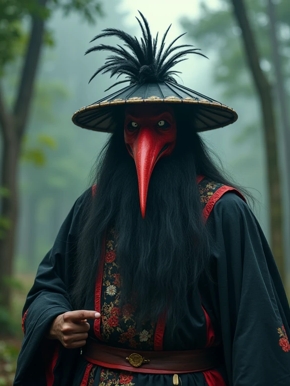 Japanese mythology,Making a Tengu, Red Mask, Long Nose, Feather Hat, 8k, Surrealism, Cinematic,Red Maskと帽子をかぶった、Long bearded man, Villain wearing a red devil mask, Samurai wearing a demon mask, samurai portrait photo, demon samurai, Devil Samurai Warrior, Portrait of the samurai on the front, samurai portrait, demon samurai mask, in the woods