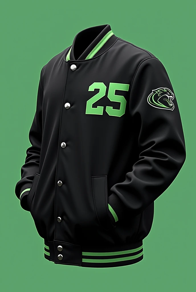 Varsity jacket with black colors and very small touches in pistachio green for a school with the number 25 on the left arm and with a small panther somewhere on the sleeve, that the sleeves are also black