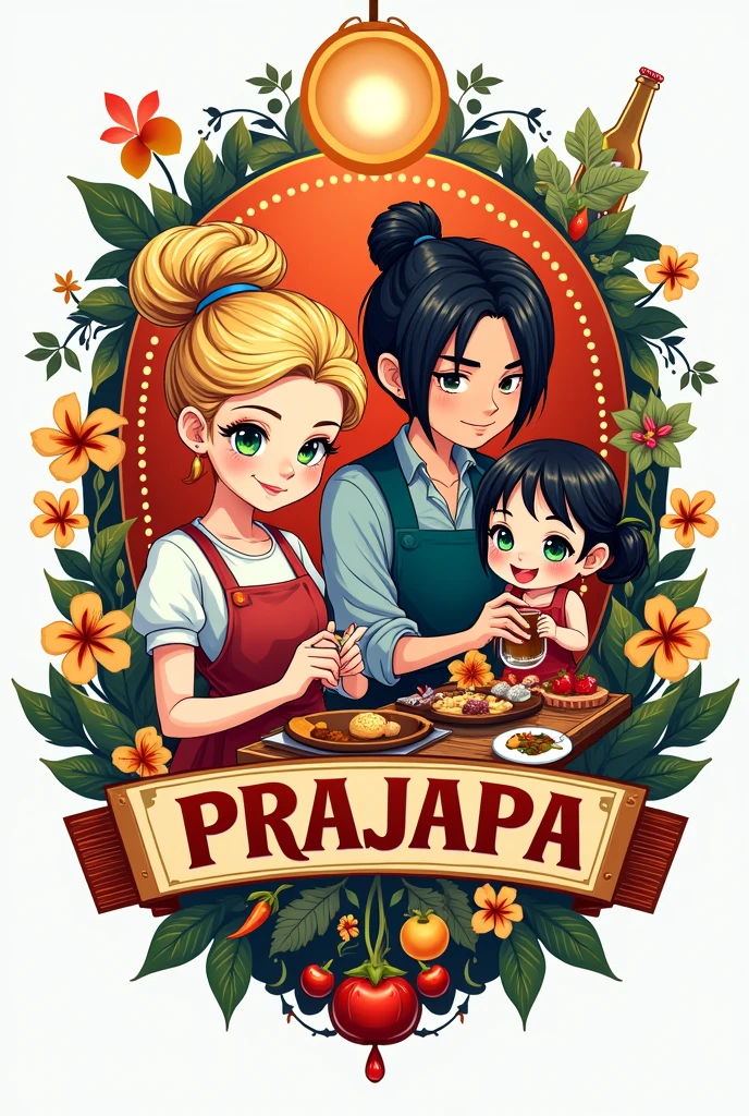 Create a logo with design references "One piece" for a restaurant with oriental characteristics, Italian Pastry Mass, Indian spices, Brazilian family, store name written "PraJapa" and a bottle of beer. Four characters: a blonde woman with her hair tied up cooking, a Japanese man with shoulder-length black hair holding a baby girl and a child with dark blonde wavy hair with highlights.