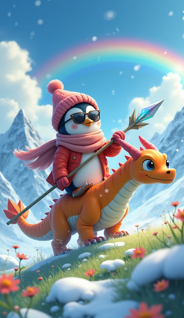 Ghibli Studio style, front view close-up of a cute penguin wearing a brightly colored fashionable winter jacket, scarf, beanie, and stylish sunglasses, holding a long crystal spear. The penguin rides a beautiful dragon that flies above a snow-dusted hill, bursting with patches of light green grass and colorful wildflowers. A heavy snowfall, a wide majestic rainbow behind amidst cloudy peaks with magic crystal citadel.