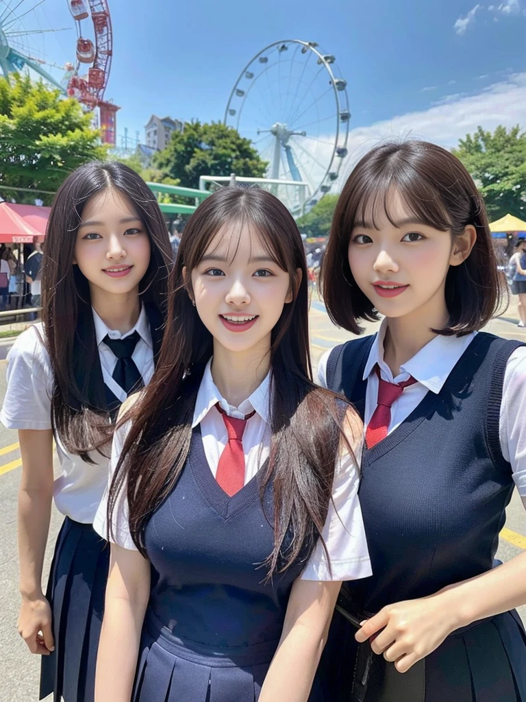 (A super cute Korean schoolgirl takes a commemorative photo with her three best friends:1.2)(laughing:1.2)(Beautiful Sweat:1.1)(16K, RAW Photos, Highest quality, masterpiece: 1.2),(A cute, shiny, beautiful, dark brown bob cut that sways softly in the wind.:1.1) Super detailed, Super Resolution, (Genuine, Genuine photos: 1.37), Portraiture, High-resolution RAW color photos, Professional photos, Very detailed, 8k wallpaper, Very detailed CG Unity 8k wallpaper, Very detailed beautiful girls, Very detailed faces, ((whole body)), beautiful woman, Huge breasts,(huge boobs:1.1) (Big Boobs:1.1), beautiful schoolgirl (Cute school uniforms,School-designated summer short-sleeved shirt＆Red tie and shirt uniform),high school girl, Korean,(K-POP Female Idols), (Idol-class beauty)(Beautiful high school girl:1.1)(In front of the triple waterwheel at an amusement park on a sunny day)(()(Date:1.2)(Group photo:1.2)