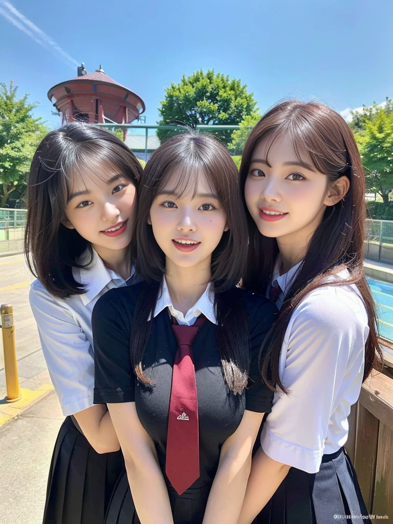 (A super cute Korean schoolgirl takes a commemorative photo with her three best friends:1.2)(laughing:1.2)(Beautiful Sweat:1.1)(16K, RAW Photos, Highest quality, masterpiece: 1.2),(A cute, shiny, beautiful, dark brown bob cut that sways softly in the wind.:1.1) Super detailed, Super Resolution, (Genuine, Genuine photos: 1.37), Portraiture, High-resolution RAW color photos, Professional photos, Very detailed, 8k wallpaper, Very detailed CG Unity 8k wallpaper, Very detailed beautiful girls, Very detailed faces, ((whole body)), beautiful woman, Huge breasts,(huge boobs:1.1) (Big Boobs:1.1), beautiful schoolgirl (Cute school uniforms,School-designated summer short-sleeved shirt＆Red tie and shirt uniform),high school girl, Korean,(K-POP Female Idols), (Idol-class beauty)(Beautiful high school girl:1.1)(In front of the triple waterwheel at an amusement park on a sunny day)(()(Date:1.2)(Group photo:1.2)