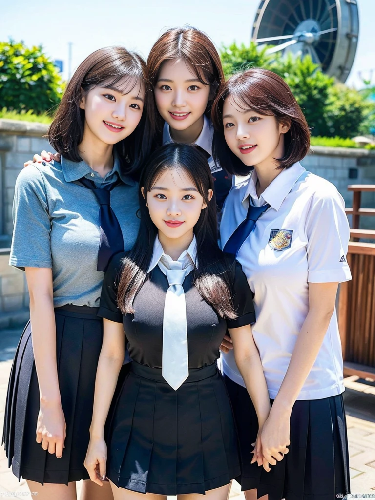 (A super cute Korean schoolgirl takes a commemorative photo with her three best friends:1.2)(laughing:1.2)(Beautiful Sweat:1.1)(16K, RAW Photos, Highest quality, masterpiece: 1.2),(A cute, shiny, beautiful, dark brown bob cut that sways softly in the wind.:1.1) Super detailed, Super Resolution, (Genuine, Genuine photos: 1.37), Portraiture, High-resolution RAW color photos, Professional photos, Very detailed, 8k wallpaper, Very detailed CG Unity 8k wallpaper, Very detailed beautiful girls, Very detailed faces, ((whole body)), beautiful woman, Huge breasts,(huge boobs:1.1) (Big Boobs:1.1), beautiful schoolgirl (Cute school uniforms,School-designated summer short-sleeved shirt＆Red tie and shirt uniform),high school girl, Korean,(K-POP Female Idols), (Idol-class beauty)(Beautiful high school girl:1.1)(In front of the triple waterwheel at an amusement park on a sunny day)(()(Date:1.2)(Group photo:1.2)