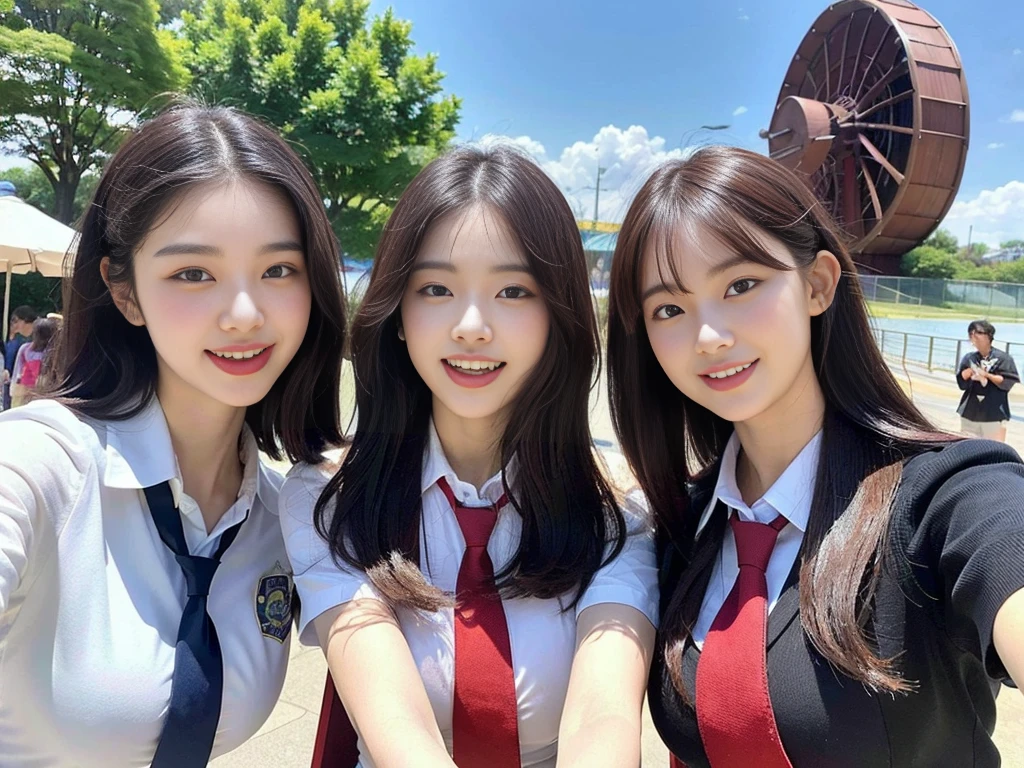 (A super cute Korean schoolgirl takes a commemorative photo with her two beautiful best friends:1.2)(laughing:1.2)(Beautiful Sweat:1.1)(16K, RAW Photos, Highest quality, masterpiece: 1.2),(A cute, shiny, beautiful, dark brown bob cut that sways softly in the wind.:1.1) Super detailed, Super Resolution, (Genuine, Genuine photos: 1.37), Portraiture, High-resolution RAW color photos, Professional photos, Very detailed, 8k wallpaper, Very detailed CG Unity 8k wallpaper, Very detailed beautiful girls, Very detailed faces, ((whole body)), beautiful woman, Huge breasts,(huge boobs:1.1) (Big Boobs:1.1), beautiful schoolgirl (Cute school uniforms,School-designated summer short-sleeved shirt＆Red tie and shirt uniform),high school girl, Korean,(K-POP Female Idols), (Idol-class beauty)(Beautiful high school girl:1.1)(In front of the triple waterwheel at an amusement park on a sunny day)(()(Date:1.2)(Group photo:1.2)