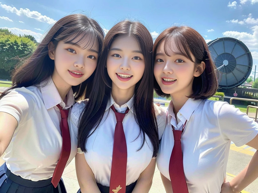 (A super cute Korean schoolgirl takes a commemorative photo with her two beautiful best friends:1.2)(laughing:1.2)(Beautiful Sweat:1.1)(16K, RAW Photos, Highest quality, masterpiece: 1.2),(A cute, shiny, beautiful, dark brown bob cut that sways softly in the wind.:1.1) Super detailed, Super Resolution, (Genuine, Genuine photos: 1.37), Portraiture, High-resolution RAW color photos, Professional photos, Very detailed, 8k wallpaper, Very detailed CG Unity 8k wallpaper, Very detailed beautiful girls, Very detailed faces, ((whole body)), beautiful woman, Huge breasts,(huge boobs:1.1) (Big Boobs:1.1), beautiful schoolgirl (Cute school uniforms,School-designated summer short-sleeved shirt＆Red tie and shirt uniform),high school girl, Korean,(K-POP Female Idols), (Idol-class beauty)(Beautiful high school girl:1.1)(In front of the triple waterwheel at an amusement park on a sunny day)(()(Date:1.2)(Group photo:1.2)