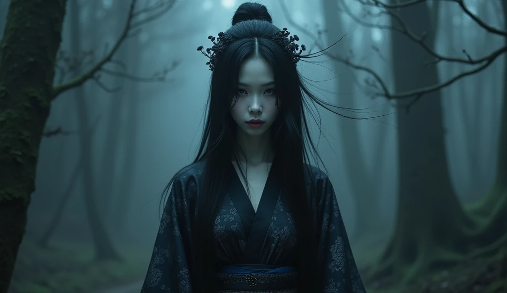 dark techno, cyberpunk,「A realistic depiction of a Japanese goddess, 不気味な美しさとAnxious存在感を醸し出す. She is elegant, pale, Perfect skin and long, Flowing black hair that blends in with the surrounding shadows. Her kimono is exquisitely crafted down to the last detail., dark, Calming deep blue and black tones, Delicately decorated, Ominous patterns suggesting a connection to the supernatural. Her eyes are captivating, with a cold, A distant gaze that hints at ancient, mysterious powers. The setting was foggy, Ancient forest or shrine, A place with an oppressive atmosphere and an unknown sensation.. soft, 薄dark光が木々Plug in from between, It casts an eerie shadow around her, almost as if she were alive.. The overall scene is striking yet beautiful., Capturing the essence of a captivating and fearsome goddess, Rooted in Japanese tradition、Anxious, Otherworldly aura.&References;Make the whole body visible, More realistic, With three eyes