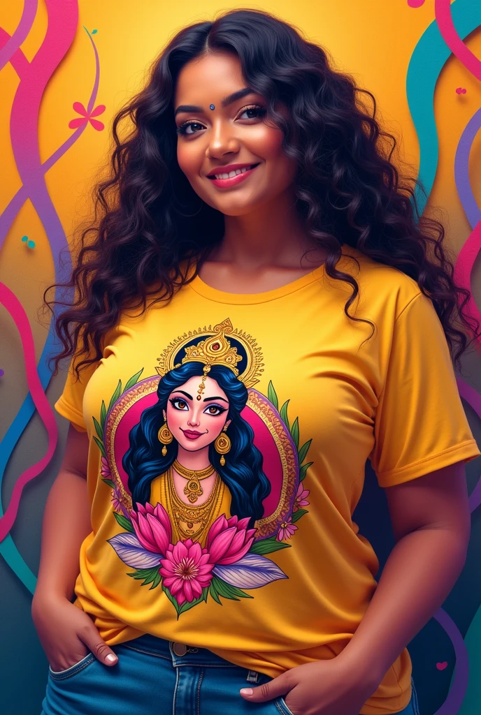 A fatty woman wearing a t shirt printed VIAJY LAXAMI