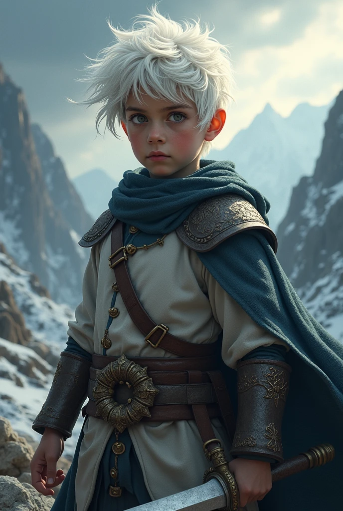 Create me a white haired boy holding a sword at a heroic pose getting ready to fight