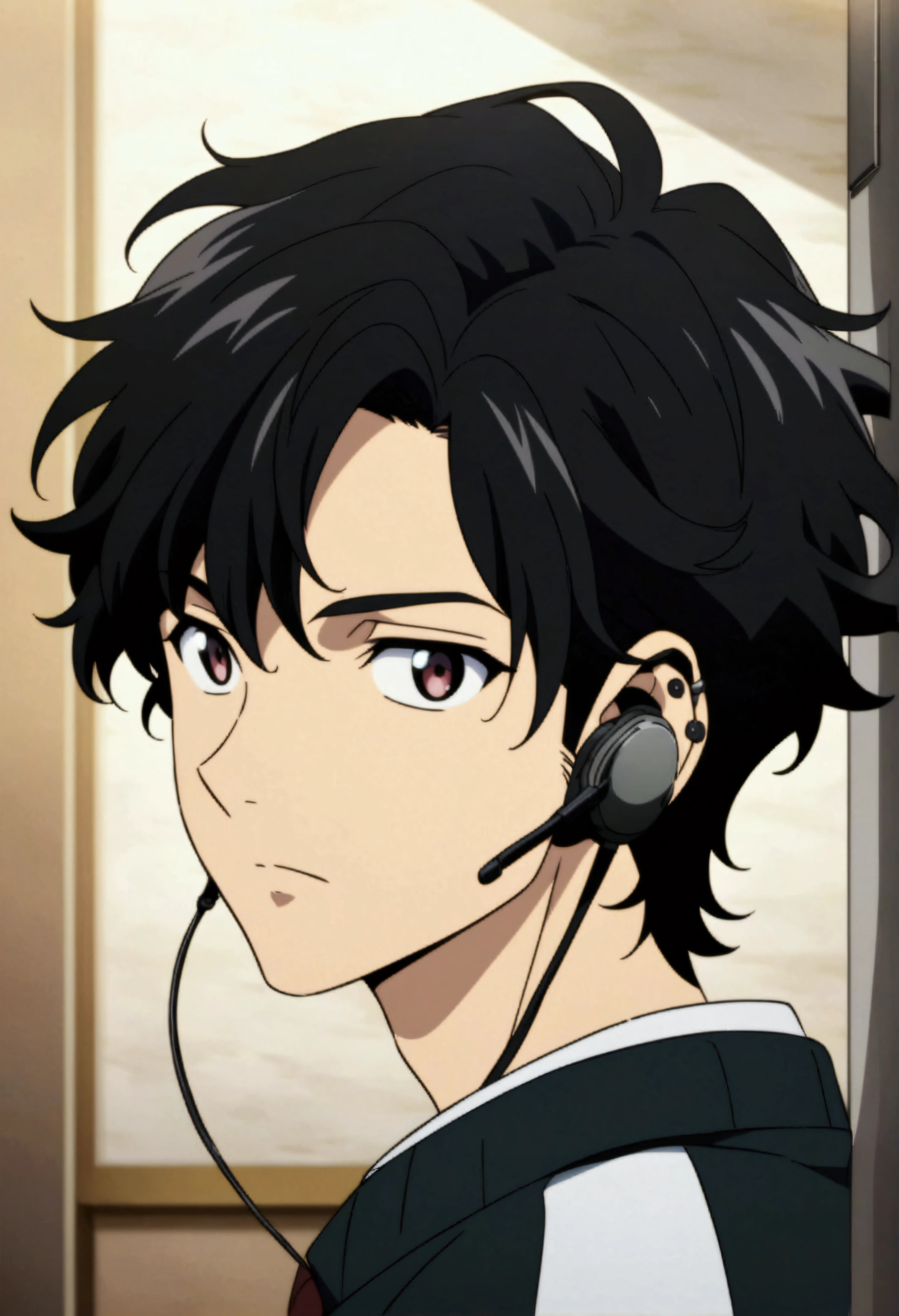 man, Handsome, black hair, Piercing in the ears, headset, Anime art style, Upturned eyes