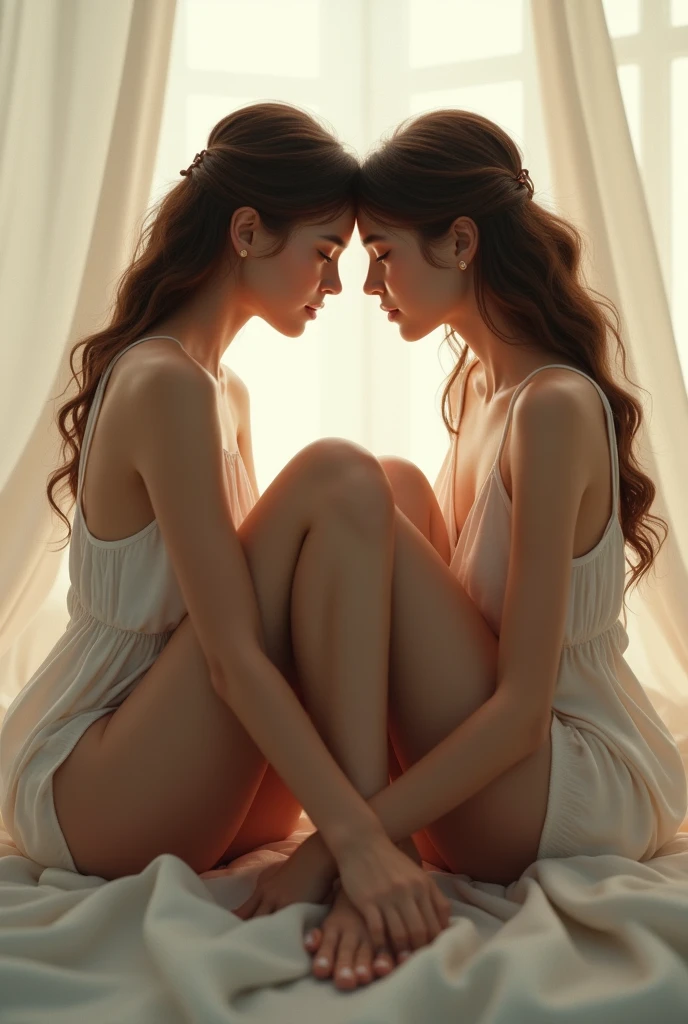 Two women sit facing each other on a bed, sharing a kiss. The camera captures a rear view, revealing their shapely buttocks. Close-up shots focus on their genitals, showcasing their smooth and gentle skin. This image, taken in Brazil, comes from the BBC and is of excellent quality. Both women are wearing stockings and their backs are visible., black hair, light smile, Contemporary art, reflection light, Hyperrealism, optical illusion, close-up, cut-in, Ultra-Wide Angle, UHD, anatomically correct, super detail, 8k