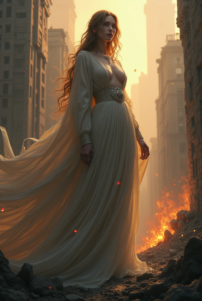 A goddess in a city torn apart by war, bleak, with tears in his eyes, a serene expression. It gives peace but at the same time it generates sadness to see it.. He has fury in his eyes. There are flames in the background, and shadows that look like demons