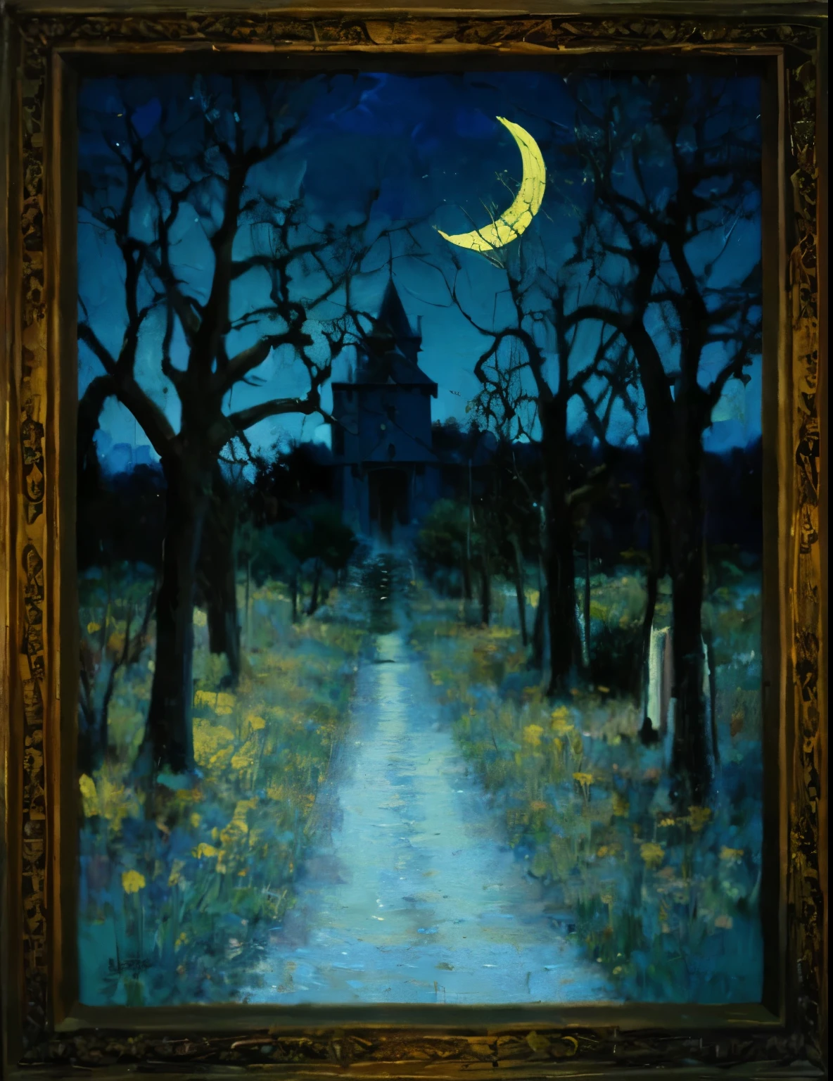 An masterpiece oil painting, high detail, palette knife thick brushstrokes, of a dark dense forest,  bare tree. barren tree  branches, leaves, pathway into a castle, dark blue skies, yellow hay field grass, crescent moon in the sky